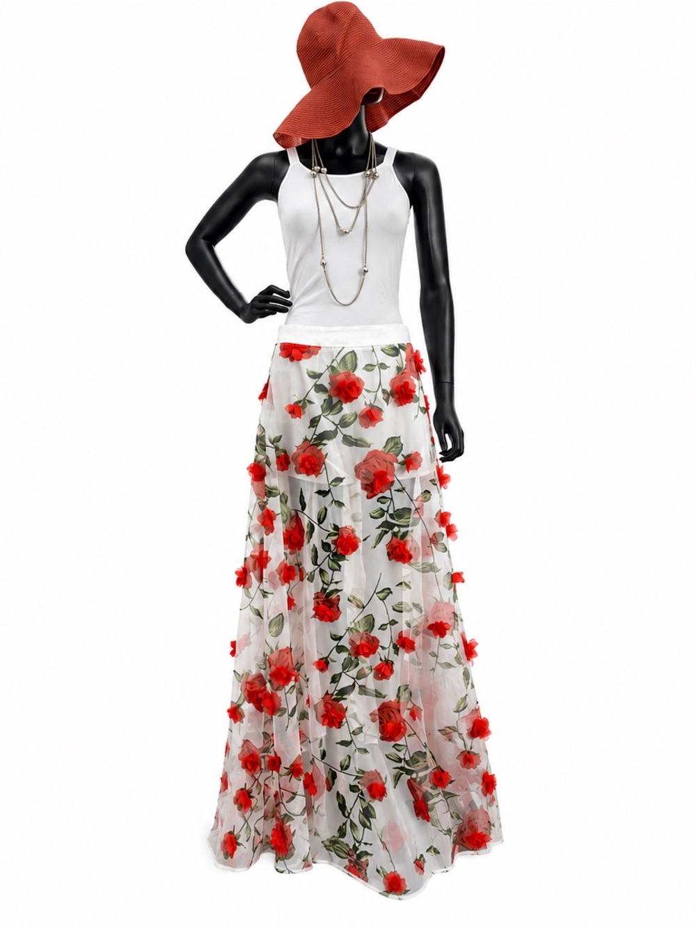 AKIRA White/Ivory Maxi Skirt with Red Rose Floral Appliqués -